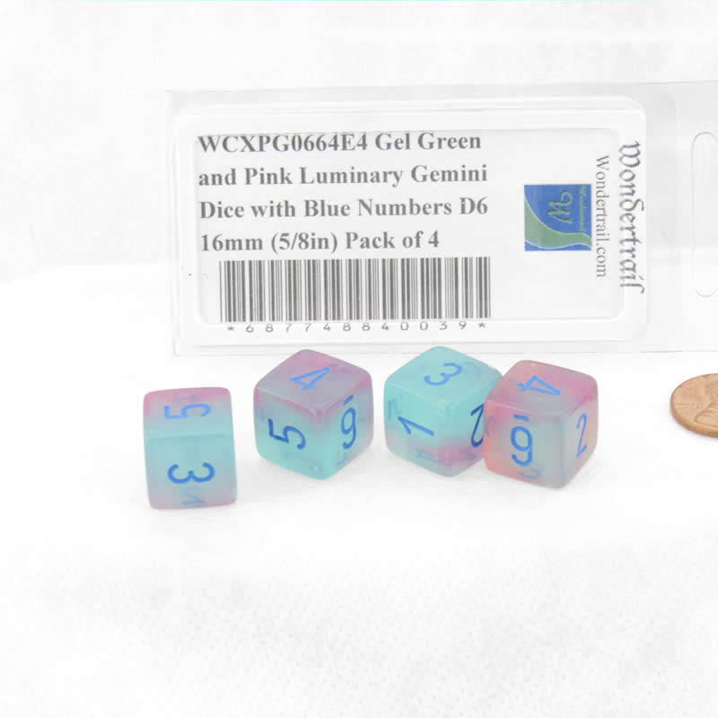 WCXPG0664E4 Gel Green and Pink Luminary Gemini Dice with Blue Numbers D6 16mm (5/8in) Pack of 4