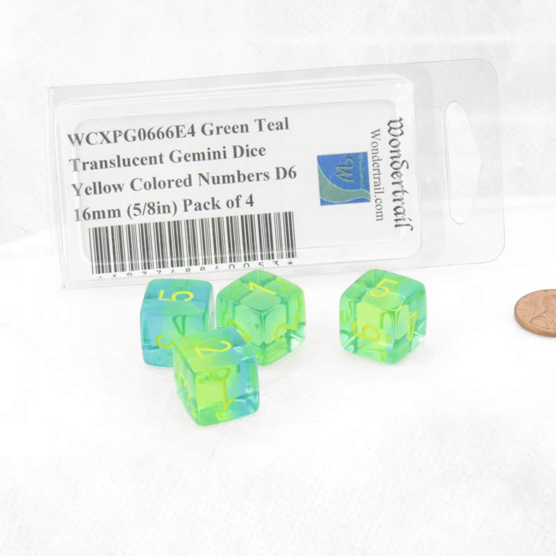 WCXPG0666E4 Green Teal Translucent Gemini Dice Yellow Colored Numbers D6 16mm (5/8in) Pack of 4