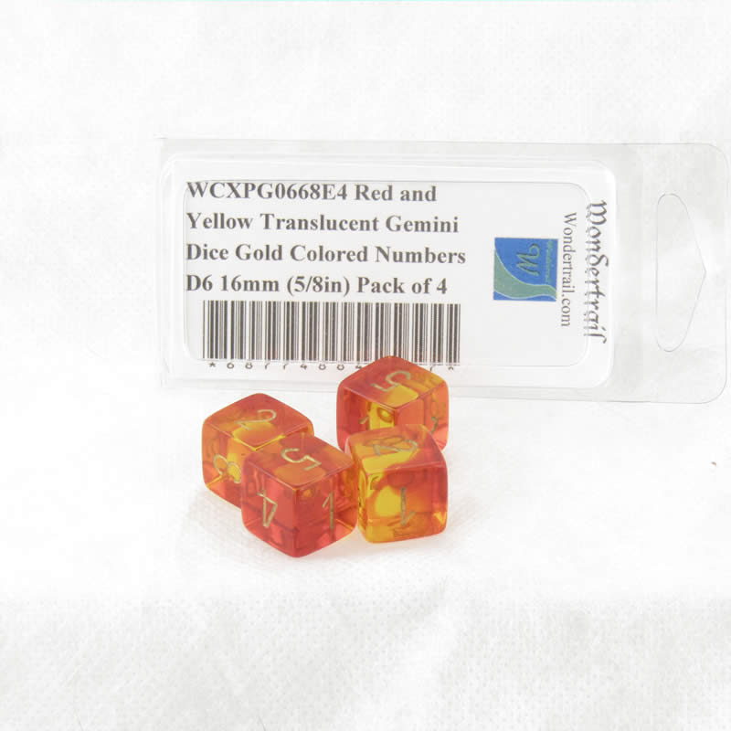 WCXPG0668E4 Red and Yellow Translucent Gemini Dice Gold Colored Numbers D6 16mm (5/8in) Pack of 4