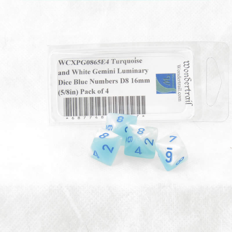 WCXPG0865E4 Turquoise and White Gemini Luminary Dice Blue Numbers D8 16mm (5/8in) Pack of 4