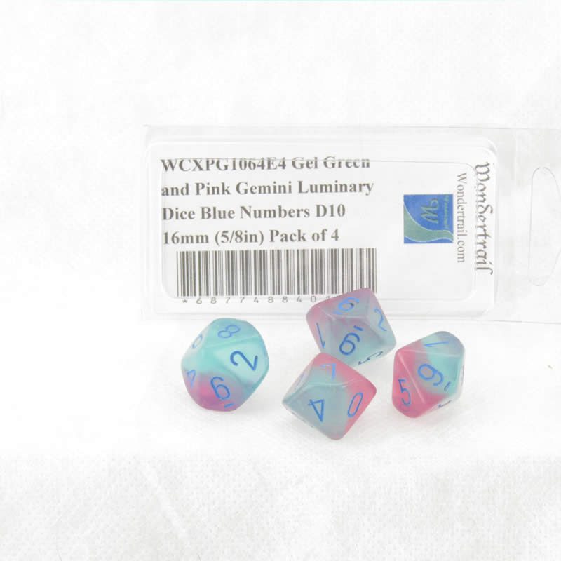 WCXPG1064E4 Gel Green and Pink Gemini Luminary Dice Blue Numbers D10 16mm (5/8in) Pack of 4