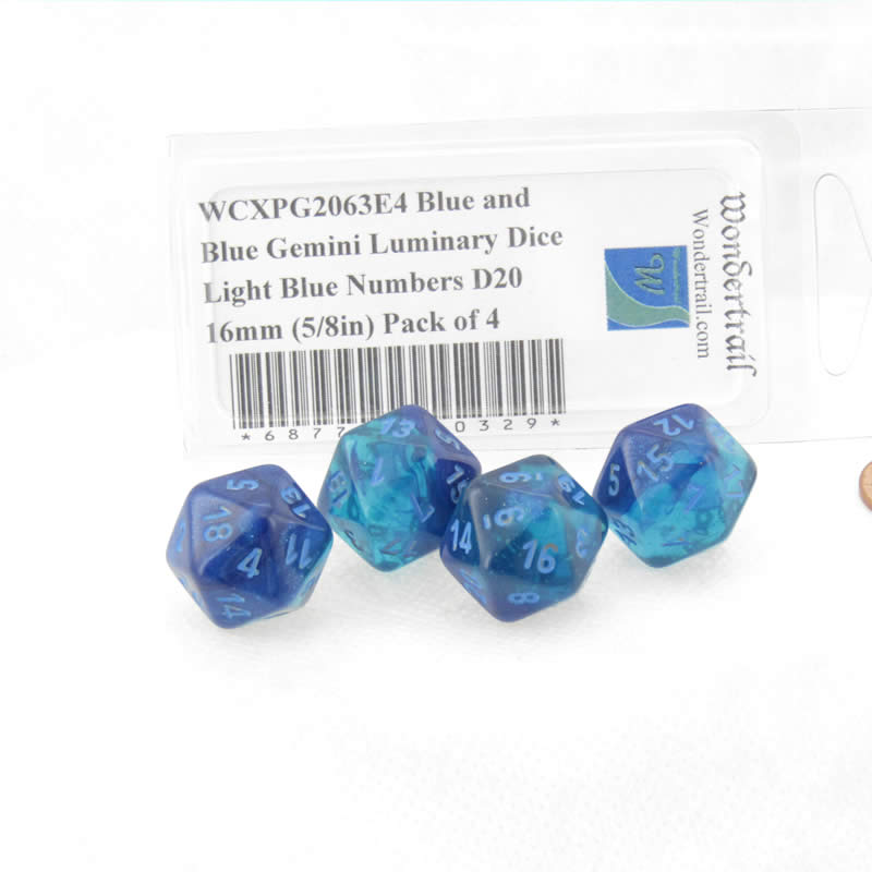 WCXPG2063E4 Blue and Blue Gemini Luminary Dice Light Blue Numbers D20 16mm (5/8in) Pack of 4