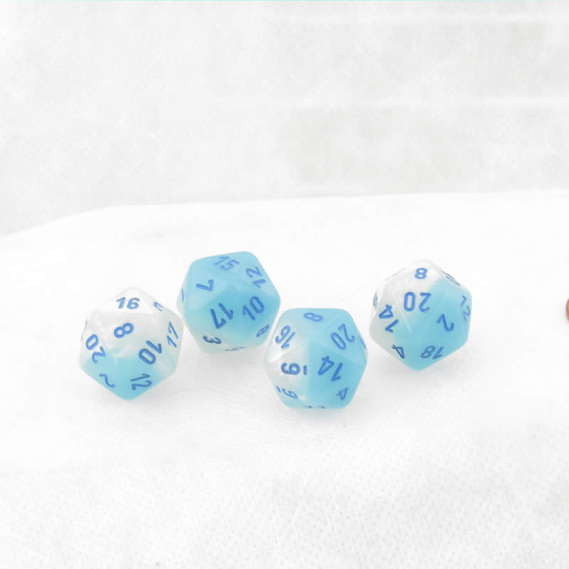 WCXPG2065E4 Pearl Turquoise White Gemini Luminary Dice Blue Numbers D20 Aprox 16mm (5/8in) Pack of 4