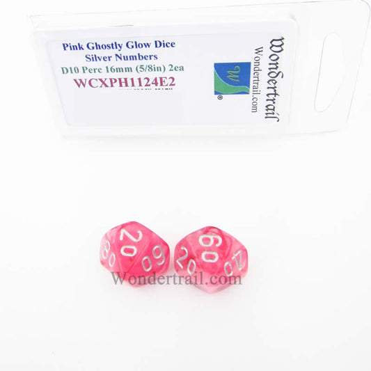 WCXPH1124E2 Pink Ghostly Glow Dice Silver Numbers Tens D10 16mm Pack of 2 Main Image