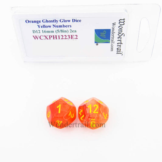 WCXPH1223E2 Orange Ghostly Glow Dice Yellow Numbers D12 16mm Pack of 2 Main Image