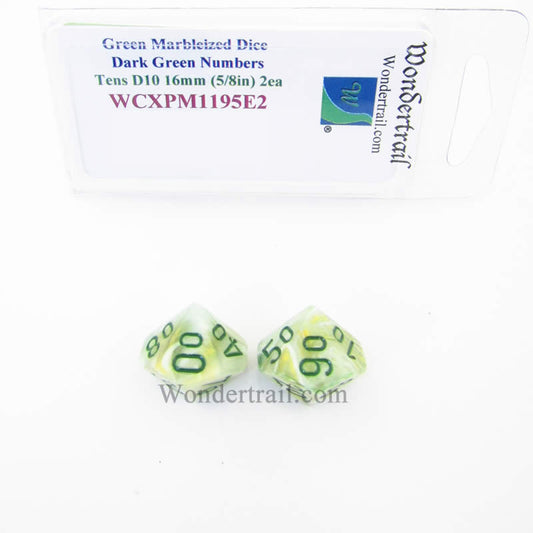 WCXPM1195E2 Green Marble Dice Dark Green Numbers Tens D10 16mm Pack of 2 Main Image