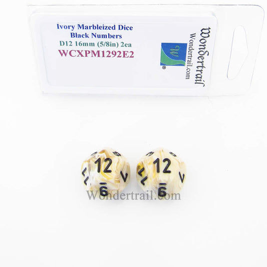 WCXPM1292E2 Ivory Marble Dice Black Numbers D12 16mm (5/8in) Pack of 2 Main Image