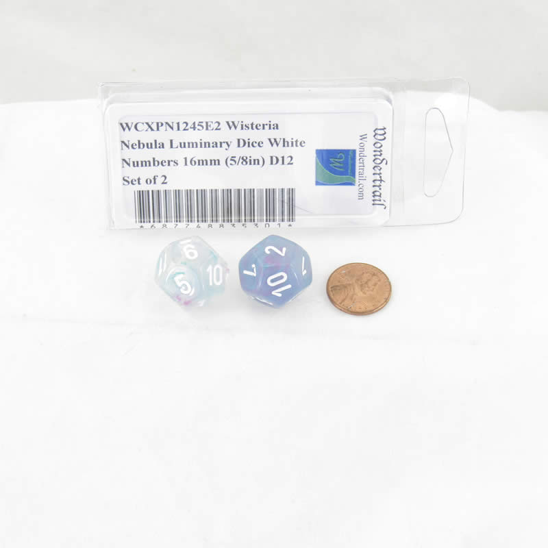 WCXPN1245E2 Wisteria Nebula Luminary Dice White Numbers 16mm (5/8in) D12 Set of 2 2nd Image