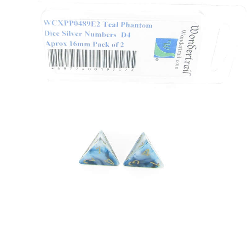 WCXPP0489E2 Teal Phantom Dice Gold Numbers D4 Aprox 16mm Pack of 2 Main Image
