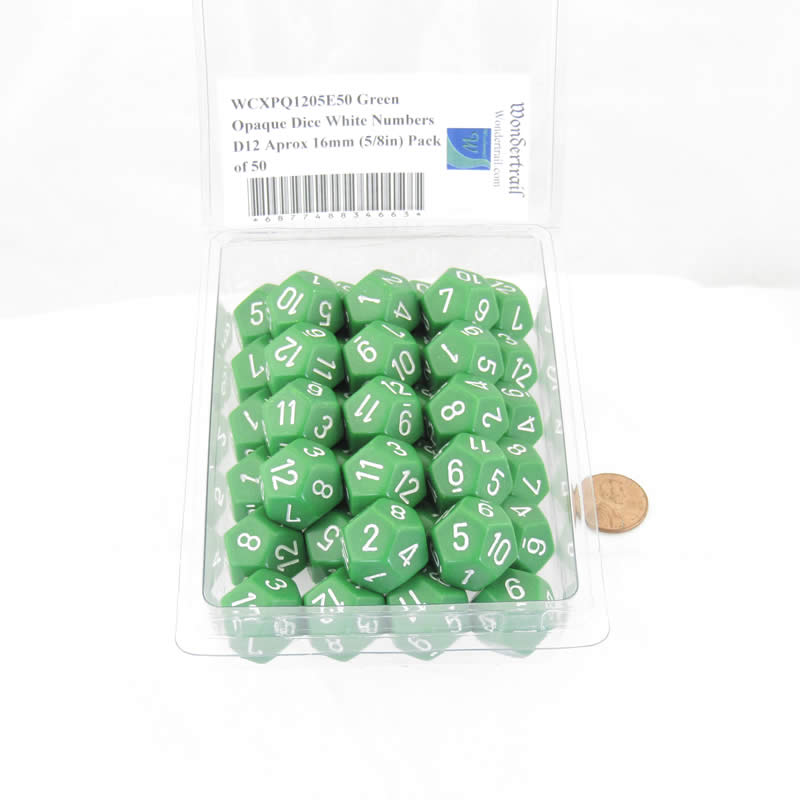 WCXPQ1205E50 Green Opaque Dice White Numbers D12 Aprox 16mm (5/8in) Pack of 50 2nd Image