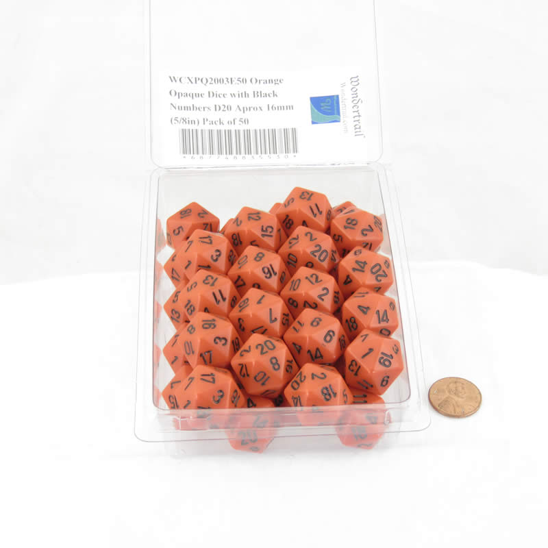 WCXPQ2003E50 Orange Opaque Dice with Black Numbers D20 Aprox 16mm (5/8in) Pack of 50 2nd Image