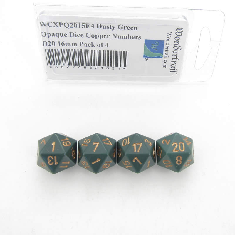 WCXPQ2015E4 Dusty Green Opaque Dice Copper Numbers D20 16mm Pack of 4 Main Image