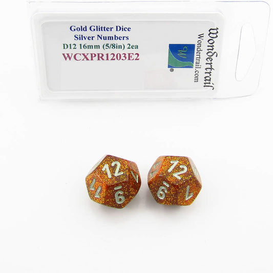 WCXPR1203E2 Gold Glitter Dice Silver Numbers D12 16mm Pack of 2 Main Image