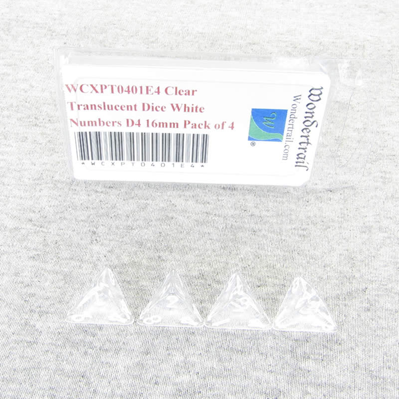 WCXPT0401E4 Clear Translucent Dice White Numbers D4 16mm Pack of 4 Main Image