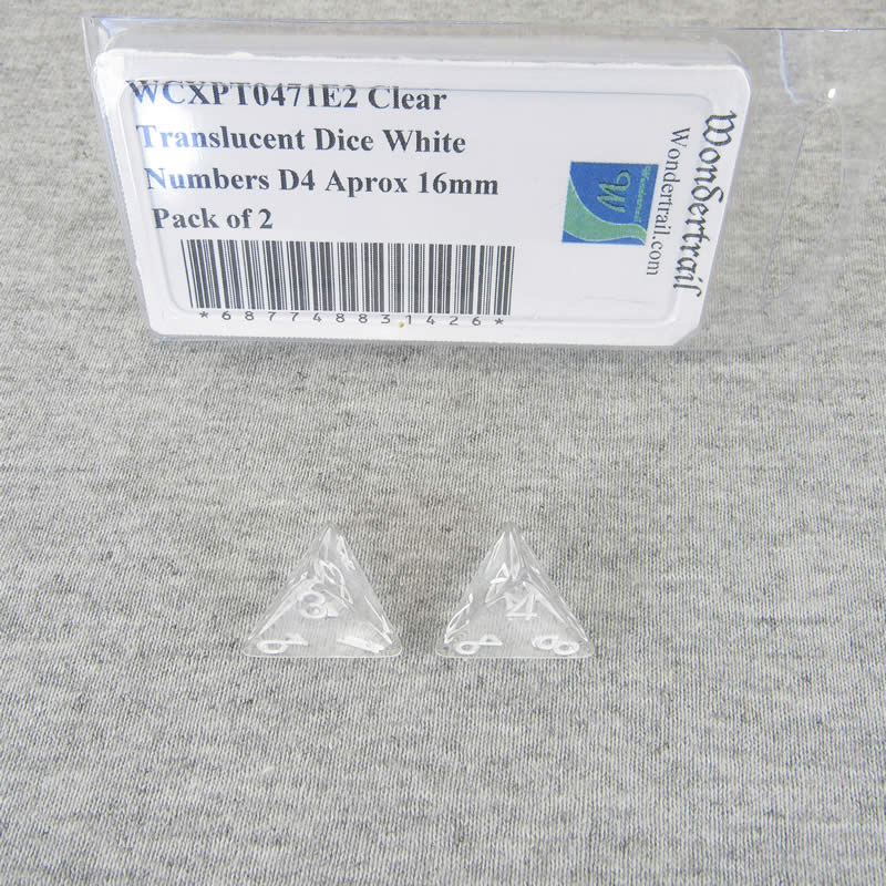WCXPT0471E2 Clear Translucent Dice White Numbers D4 16mm Pack of 2 Main Image