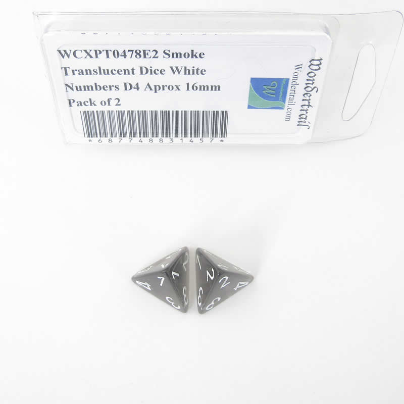 WCXPT0478E2 Smoke Translucent Dice White Numbers D4 Aprox 16mm Pack of 2 Main Image