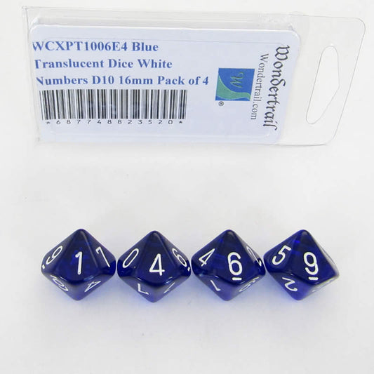 WCXPT1006E4 Blue Translucent Dice White Numbers D10 16mm Pack of 4 Main Image
