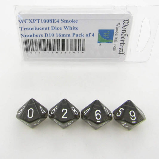 WCXPT1008E4 Smoke Translucent Dice White Numbers D10 16mm Pack of 4 Main Image