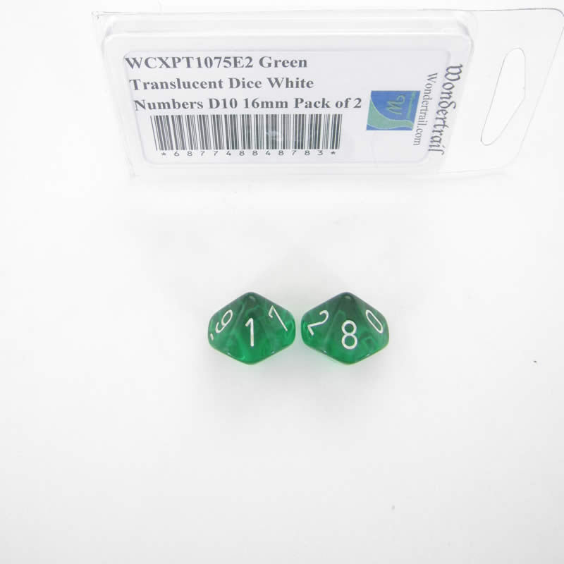 WCXPT1075E2 Green Translucent Dice White Numbers D10 16mm Pack of 2 Main Image