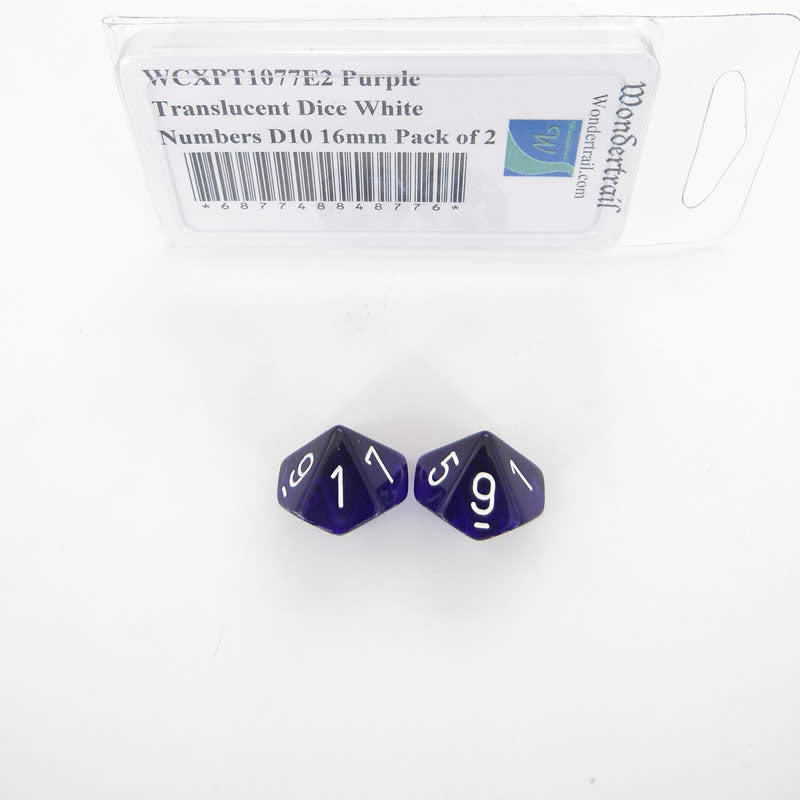 WCXPT1077E2 Purple Translucent Dice White Numbers D10 16mm Pack of 2 Main Image