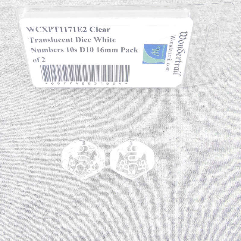 WCXPT1171E2 Clear Translucent Dice White Numbers 10s D10 16mm Pack of 2 Main Image