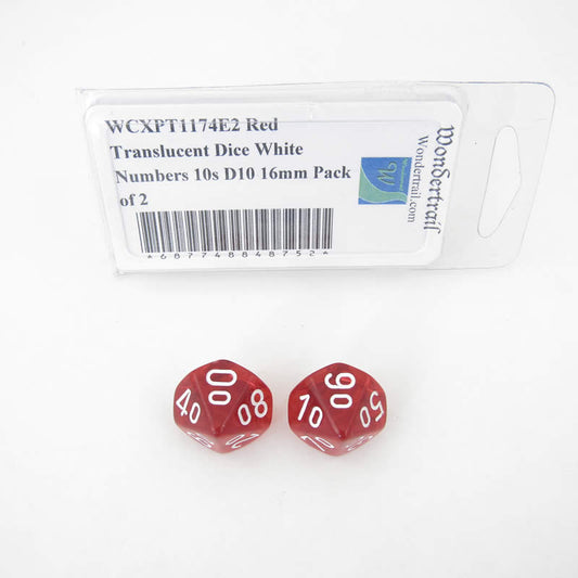 WCXPT1174E2 Red Translucent Dice White Numbers 10s D10 16mm Pack of 2 Main Image
