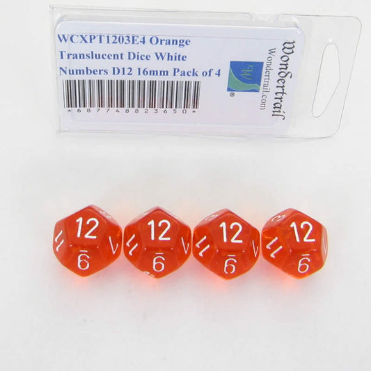 WCXPT1203E4 Orange Translucent Dice White Numbers D12 16mm Pack of 4 Main Image