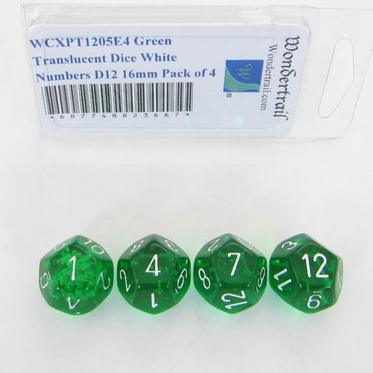 WCXPT1205E4 Green Translucent Dice White Numbers D12 16mm Pack of 4 Main Image
