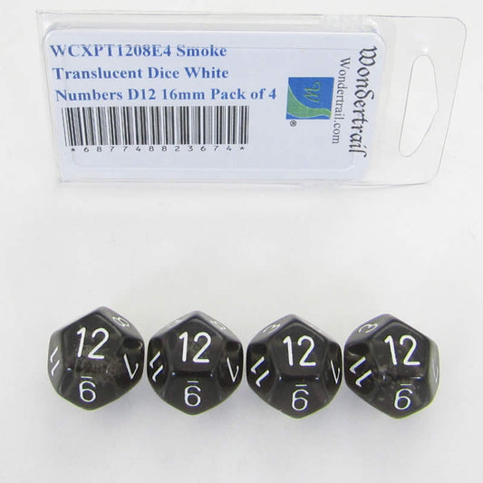 WCXPT1208E4 Smoke Translucent Dice White Numbers D12 16mm Pack of 4 Main Image