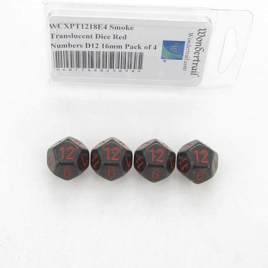 WCXPT1218E4 Smoke Translucent Dice Red Numbers D12 16mm Pack of 4 Main Image