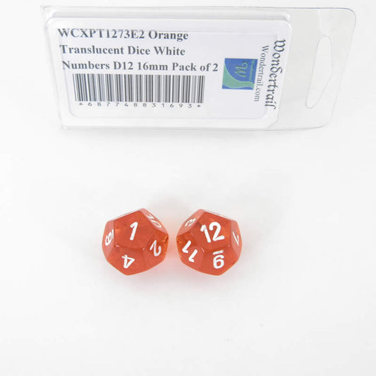 WCXPT1273E2 Orange Translucent Dice White Numbers D12 16mm Pack of 2 Main Image