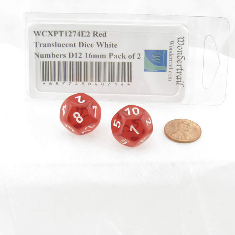 WCXPT1274E2 Red Translucent Dice White Numbers D12 16mm Pack of 2 2nd Image