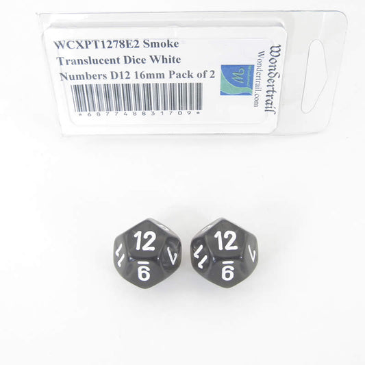 WCXPT1278E2 Smoke Translucent Dice White Numbers D12 16mm Pack of 2 Main Image