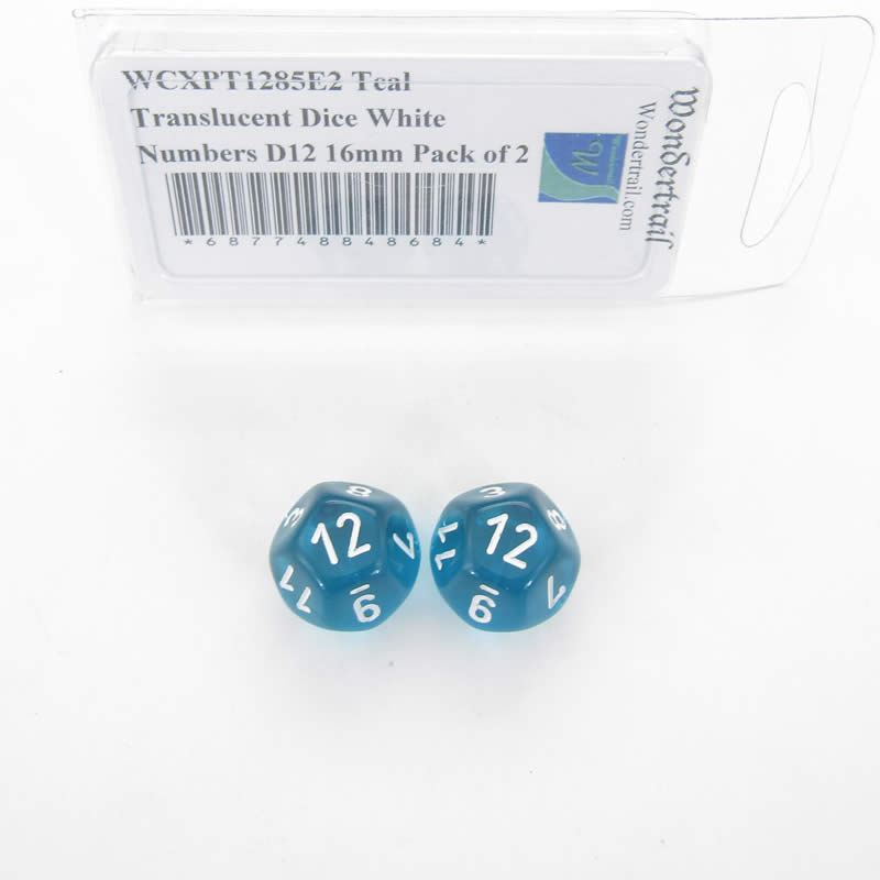 WCXPT1285E2 Teal Translucent Dice White Numbers D12 16mm Pack of 2 Main Image