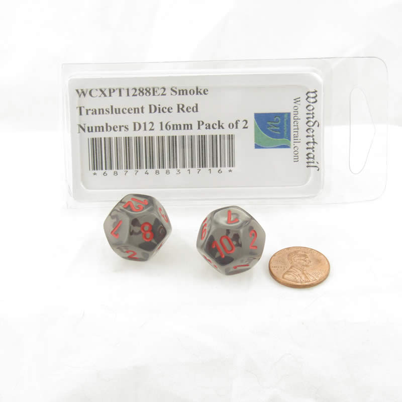 WCXPT1288E2 Smoke Translucent Dice Red Numbers D12 16mm Pack of 2 2nd Image