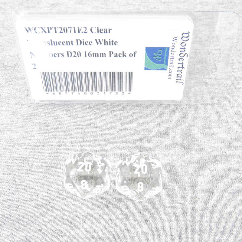 WCXPT2071E2 Clear Translucent Dice White Numbers D20 16mm Pack of 2 Main Image