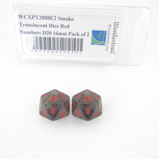 WCXPT2088E2 Smoke Translucent Dice Red Numbers D20 16mm Pack of 2 Main Image
