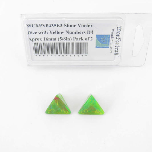 WCXPV0435E2 Slime Vortex Dice with Yellow Numbers D4 Aprox 16mm (5/8in) Pack of 2 Main Image