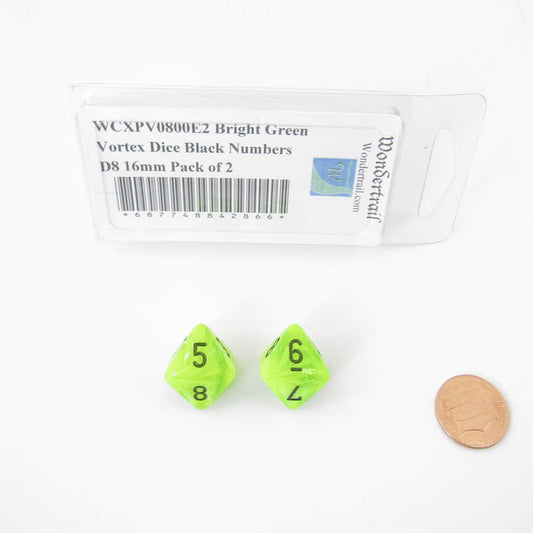 WCXPV0800E2 Bright Green Vortex Dice Black Numbers D8 16mm Pack of 2 Main Image