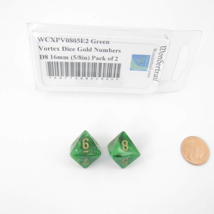 WCXPV0805E2 Green Vortex Dice Gold Numbers D8 16mm (5/8in) Pack of 2 Main Image