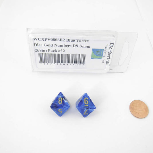 WCXPV0806E2 Blue Vortex Dice Gold Numbers D8 16mm (5/8in) Pack of 2 Main Image