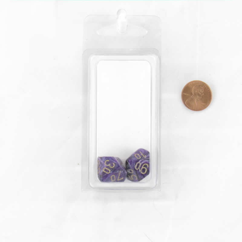 WCXPV1107E2 Purple Vortex Dice Gold Numbers 10s D10 16mm Pack of 2 Main Image