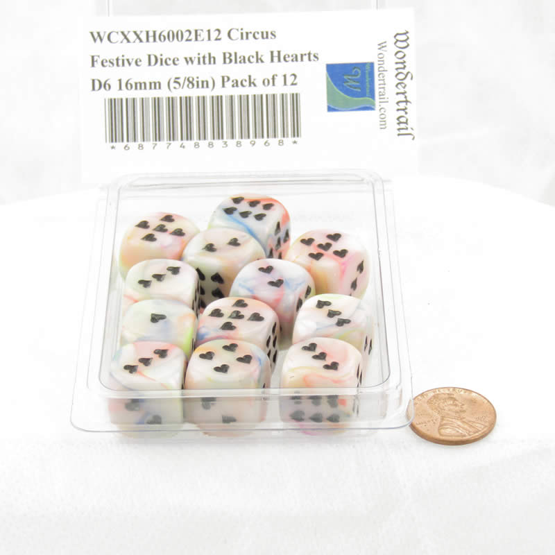WCXXH6002E12 Circus Festive Dice with Black Hearts D6 16mm (5/8in) Pack of 12 2nd Image