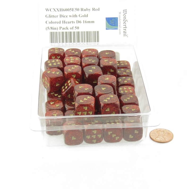 WCXXH6005E50 Ruby Red Glitter Dice with Gold Colored Hearts D6 16mm (5/8in) Pack of 50 2nd Image