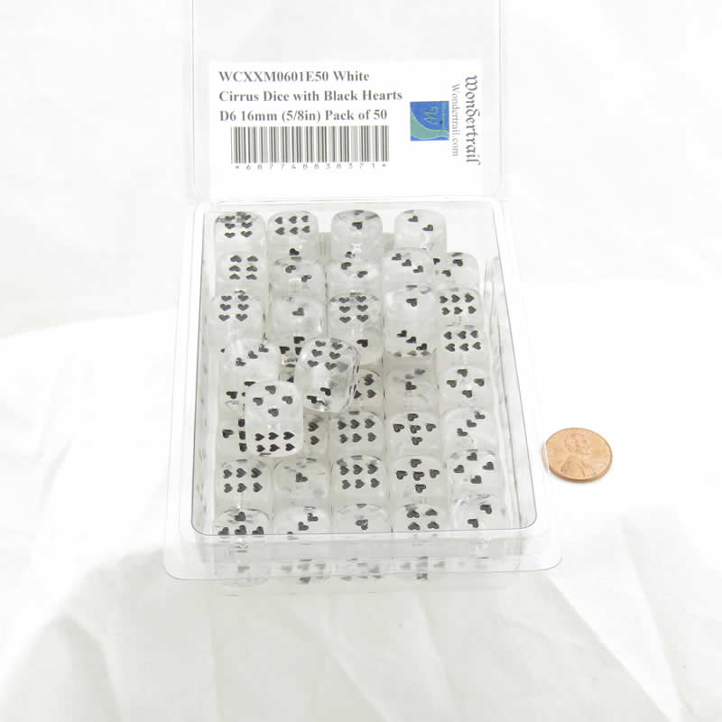 WCXXM0601E50 White Cirrus Dice with Black Hearts D6 16mm (5/8in) Pack of 50 2nd Image