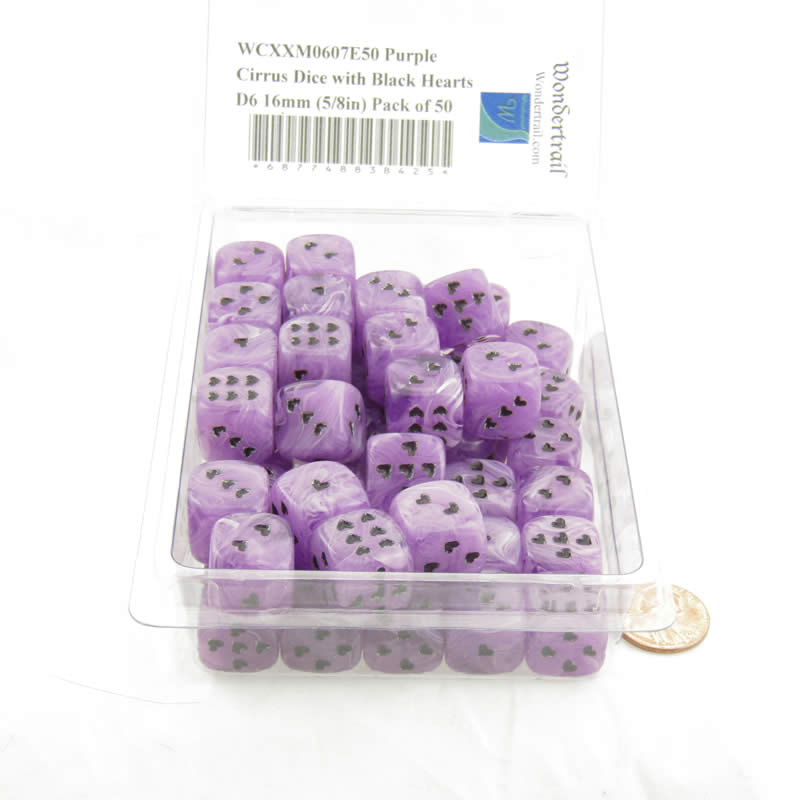 WCXXM0607E50 Purple Cirrus Dice with Black Hearts D6 16mm (5/8in) Pack of 50 2nd Image