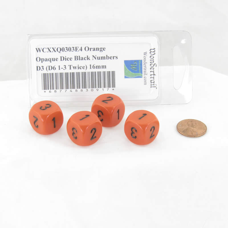 WCXXQ0303E4 Orange Opaque Dice Black Numbers D3 (D6 1-3 Twice) 16mm 2nd Image