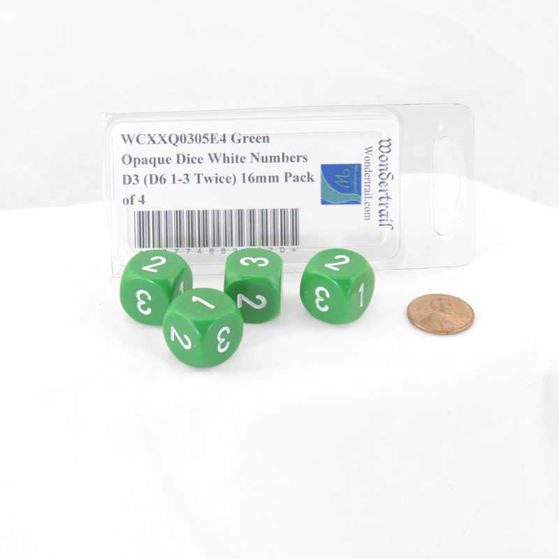 WCXXQ0305E4 Green Opaque Dice White Numbers D3 (D6 1-3 Twice) 16mm Pack of 4 2nd Image