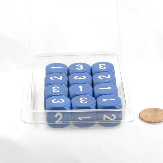 WCXXQ0306E12 Blue Opaque Dice White Numbers D3 (D6 1-3 Twice) 16mm Pack of 12 Main Image