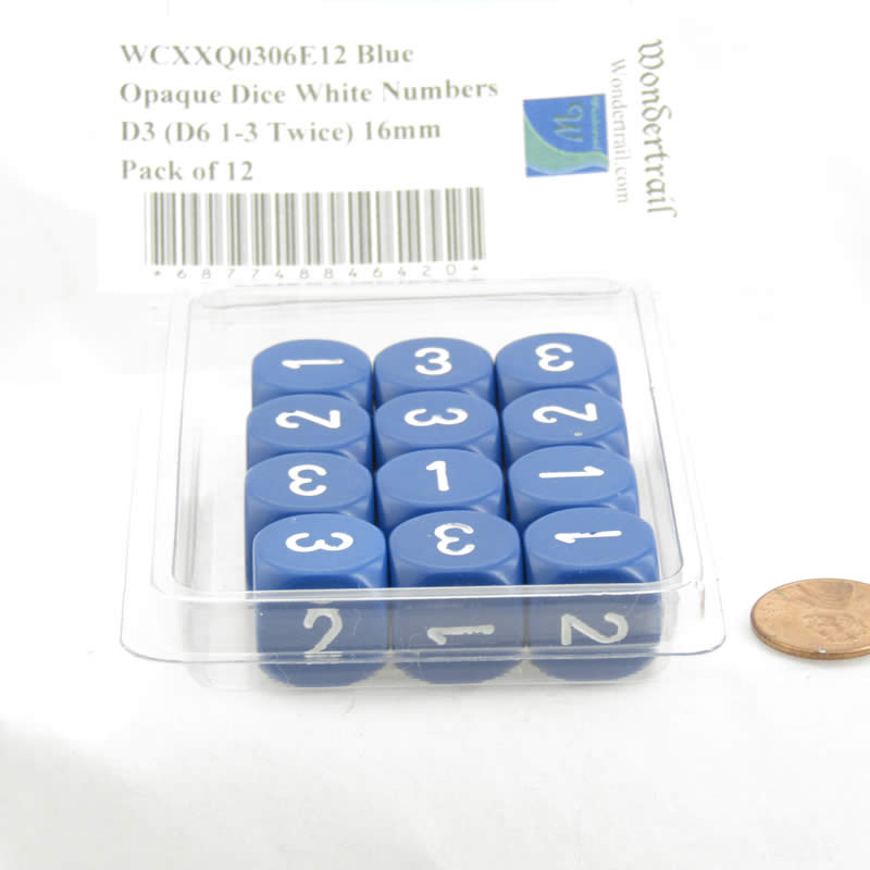 WCXXQ0306E12 Blue Opaque Dice White Numbers D3 (D6 1-3 Twice) 16mm Pack of 12 2nd Image